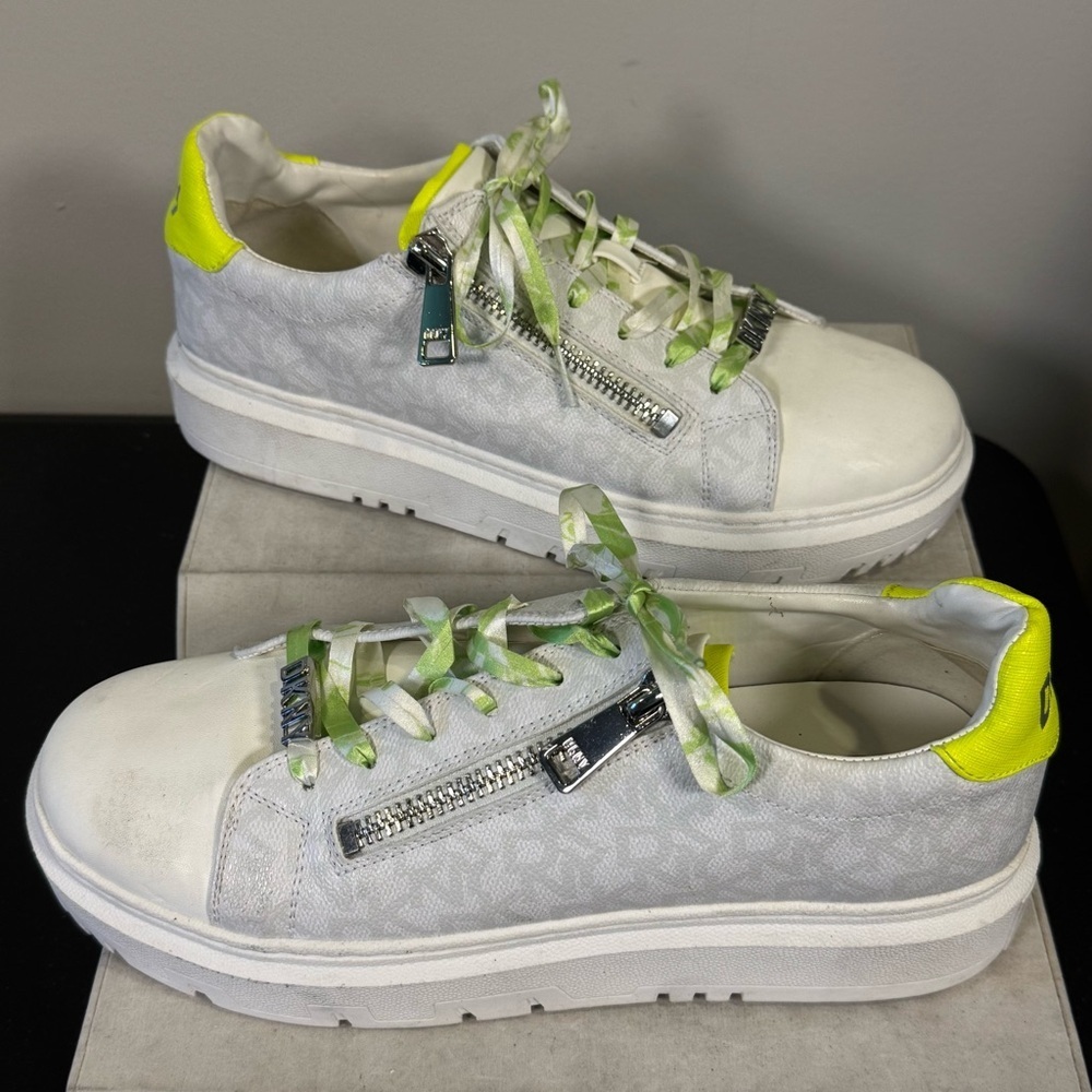 DKNY Women’s White and Neon Yellow Sneakers with Silver Accents, Size 11, NWOT